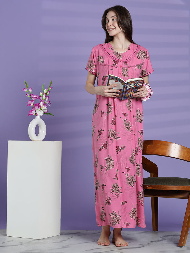 Blush pink alpine floral cozy night dress for women