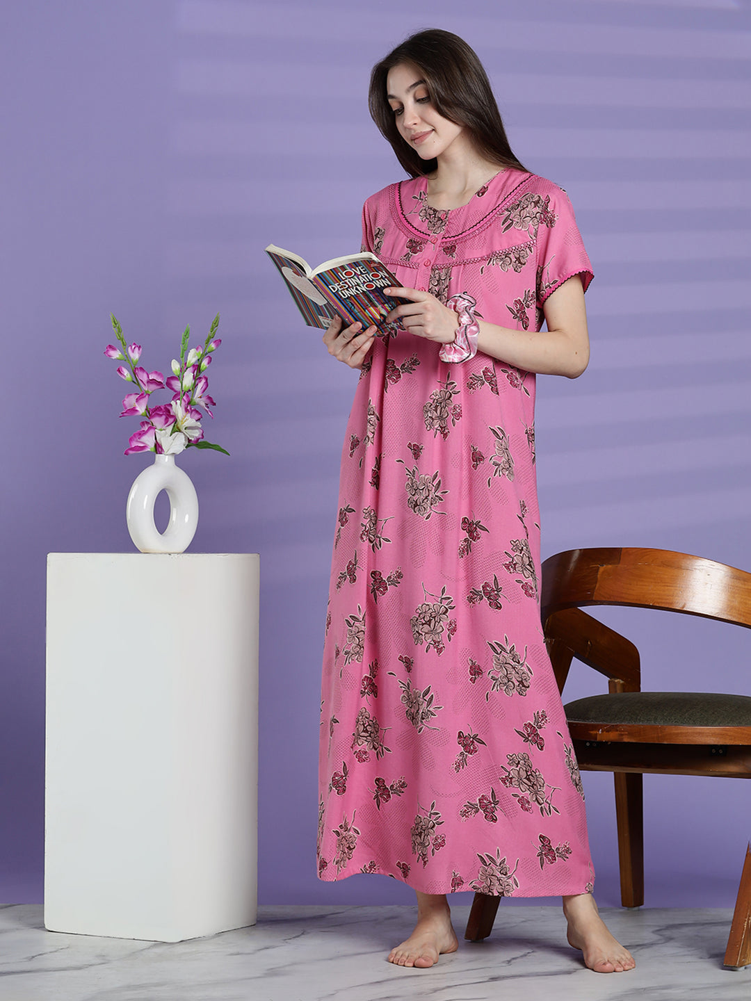 Blush pink alpine floral cozy night dress for women