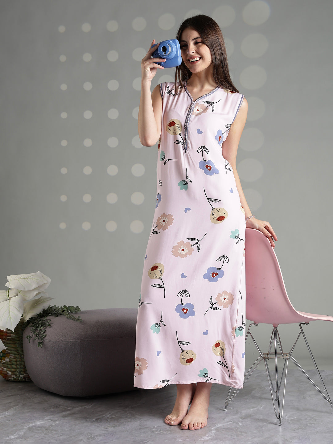Rosy floral cool sleeveless nighty for women