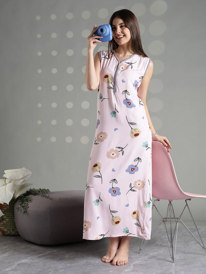 Rosy floral cool sleeveless nighty for women