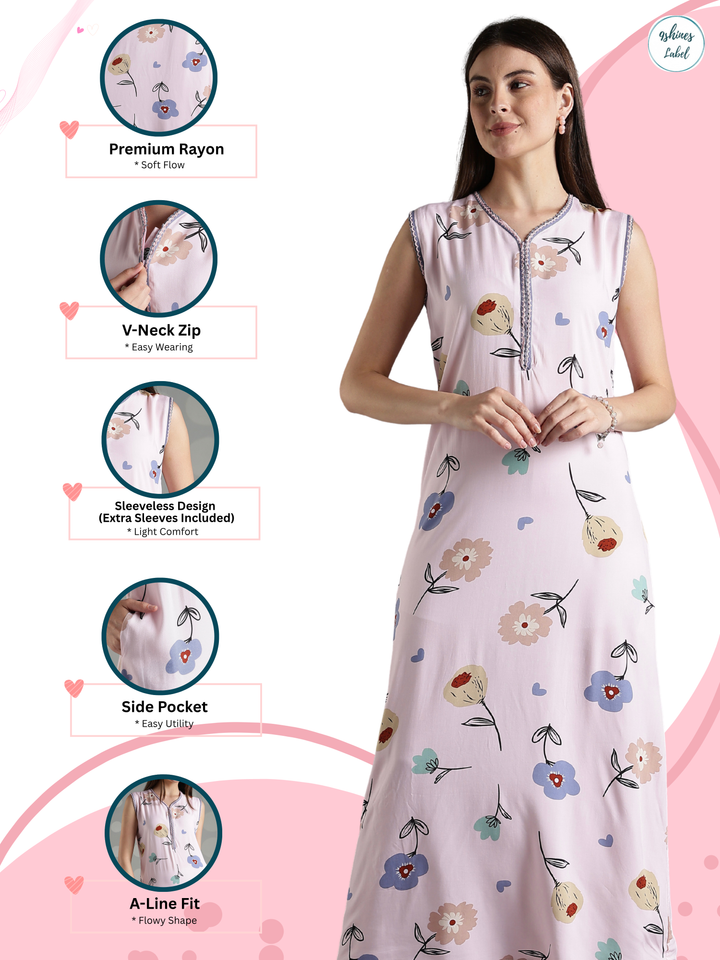 Rosy floral cool sleeveless nighty for women