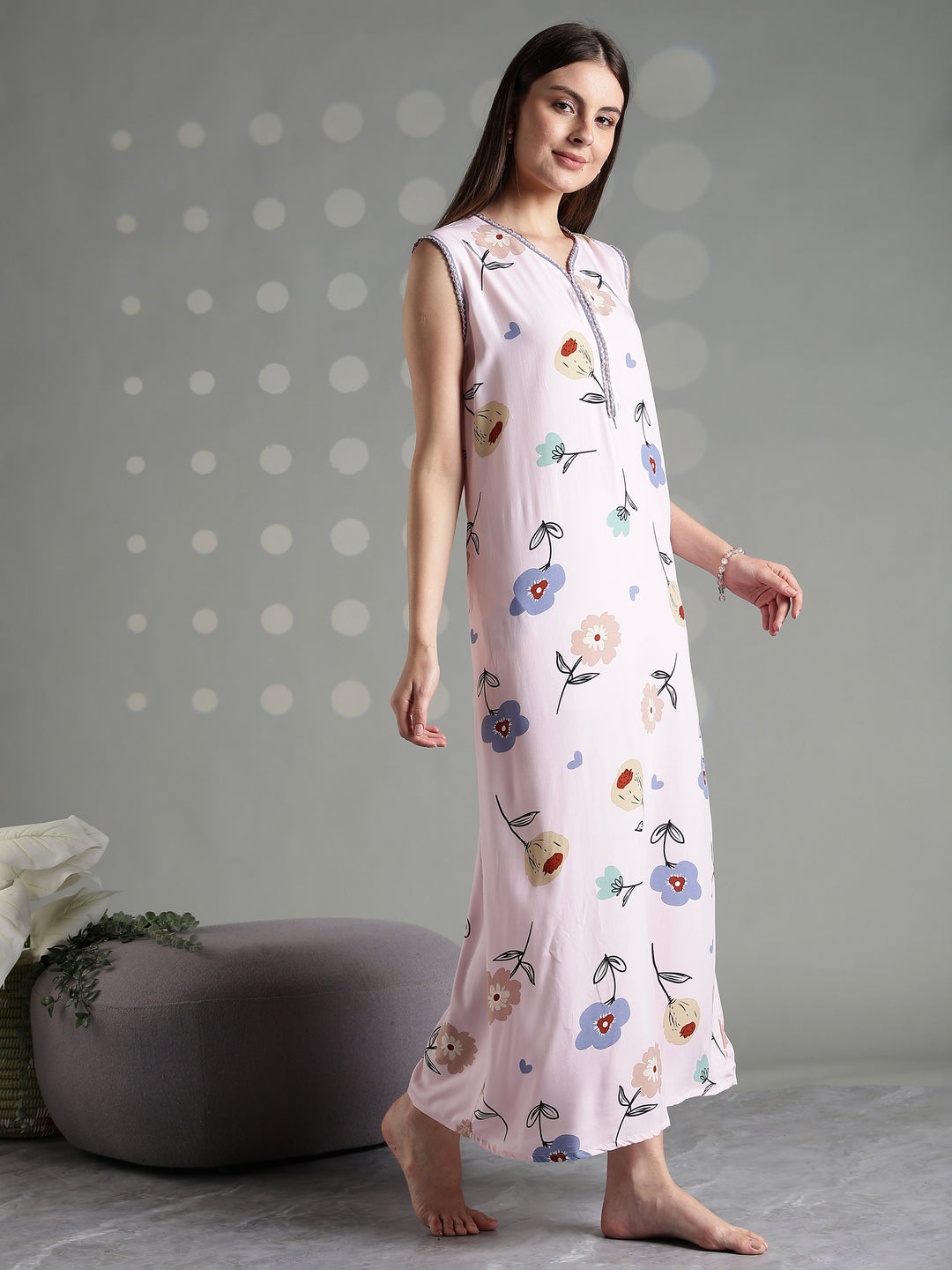 Rosy floral cool sleeveless nighty for women