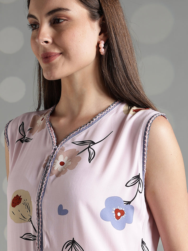 Rosy floral cool sleeveless nighty for women