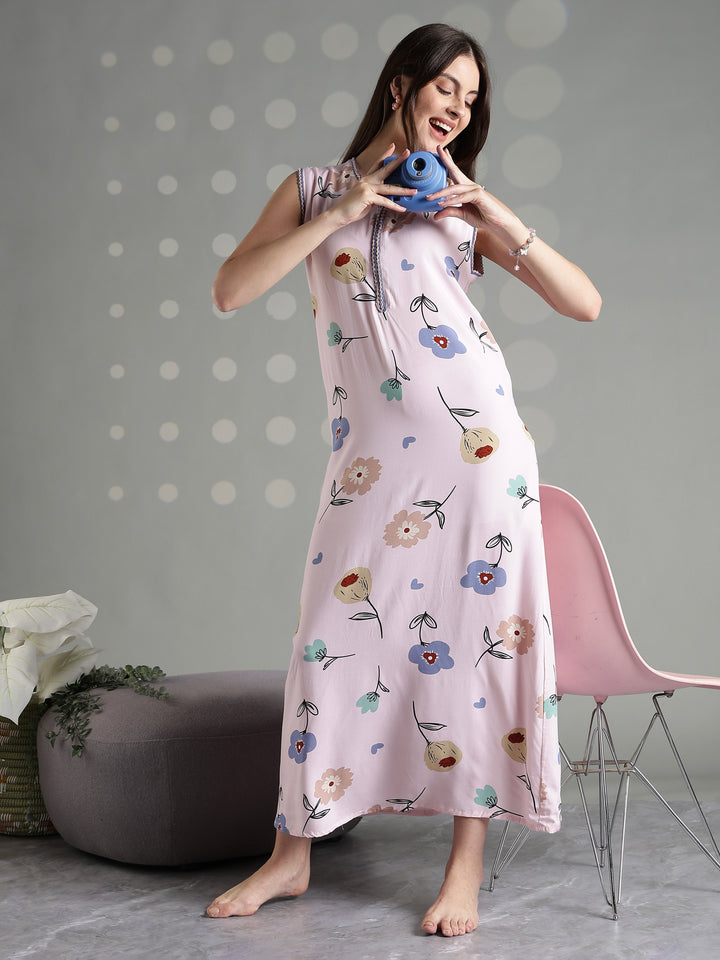 Rosy floral cool sleeveless nighty for women