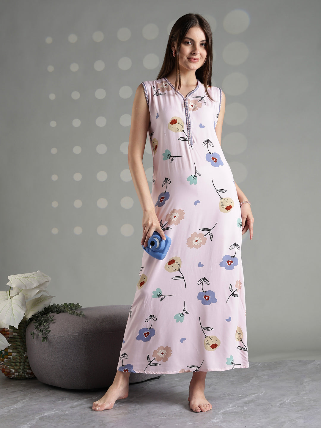 Rosy floral cool sleeveless nighty for women
