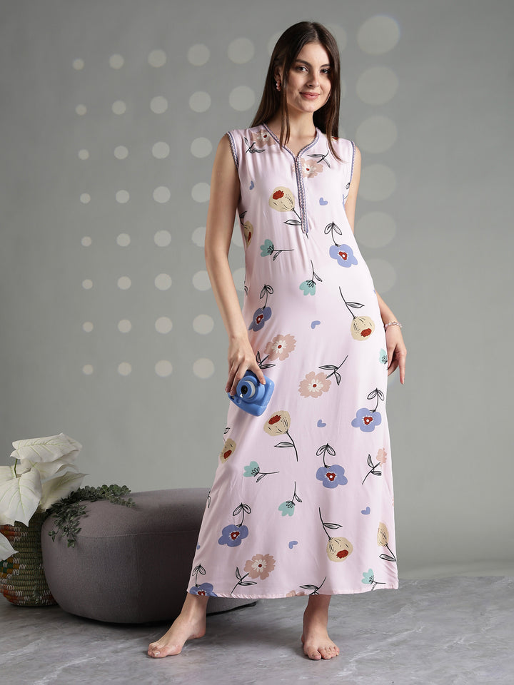 Rosy floral cool sleeveless nighty for women