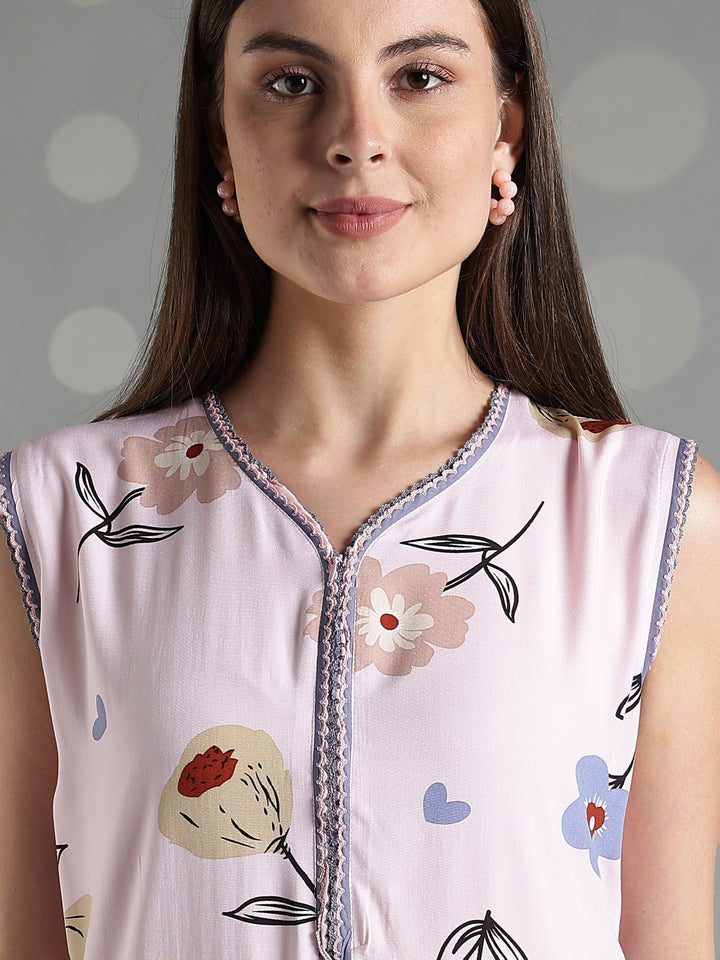 Rosy floral cool sleeveless nighty for women