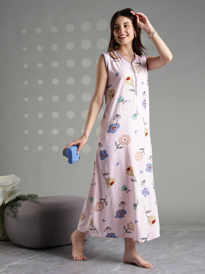 Rosy floral cool sleeveless nighty for women