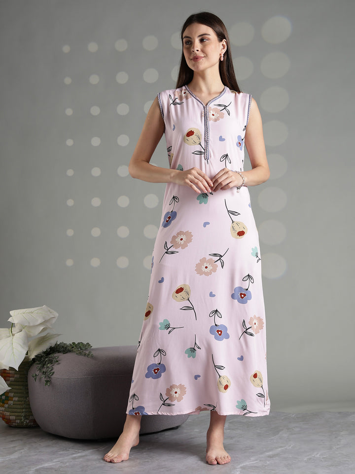 Rosy floral cool sleeveless nighty for women