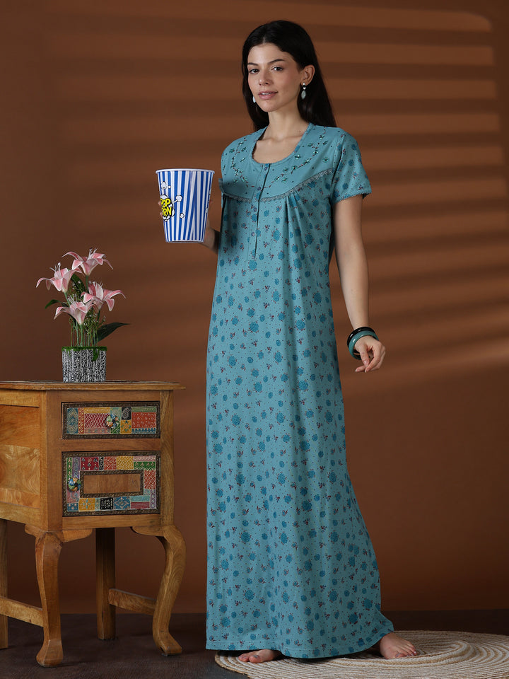 Aqua Floral Cotton Blend Sleepwear for Women Comfortable Fit