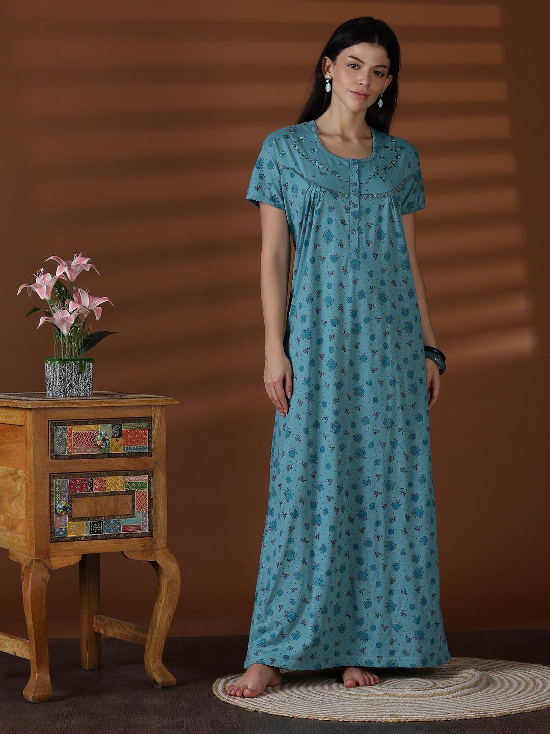 Aqua Floral Cotton Blend Sleepwear for Women Comfortable Fit