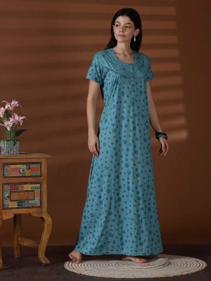 Aqua Floral Cotton Blend Sleepwear for Women Comfortable Fit