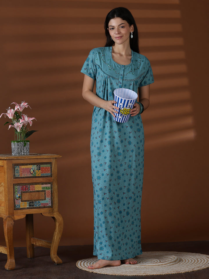 Aqua Floral Cotton Blend Sleepwear for Women Comfortable Fit