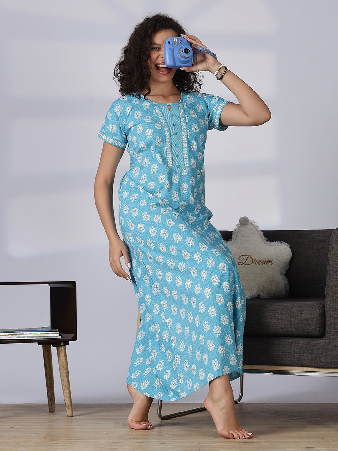 Aqua blue pure cotton nighty dress for women