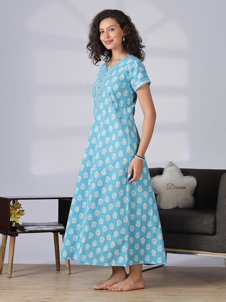 Aqua blue pure cotton nighty dress for women