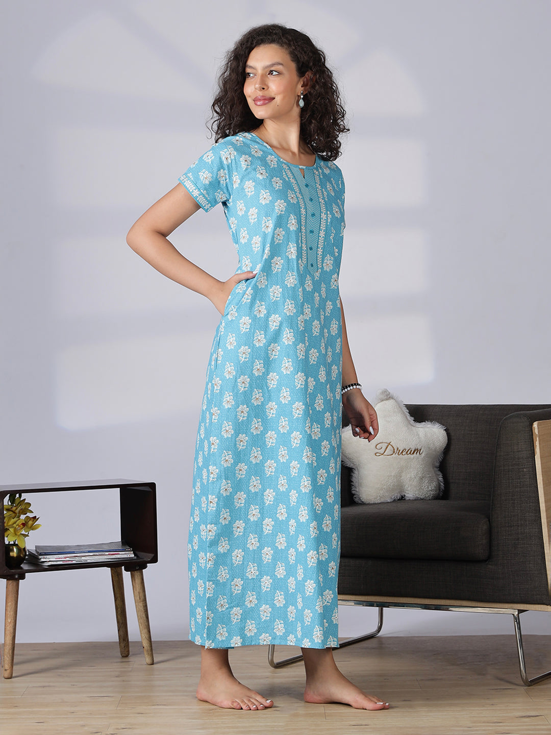 Aqua blue pure cotton nighty dress for women