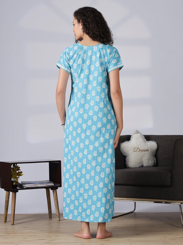 Aqua blue pure cotton nighty dress for women