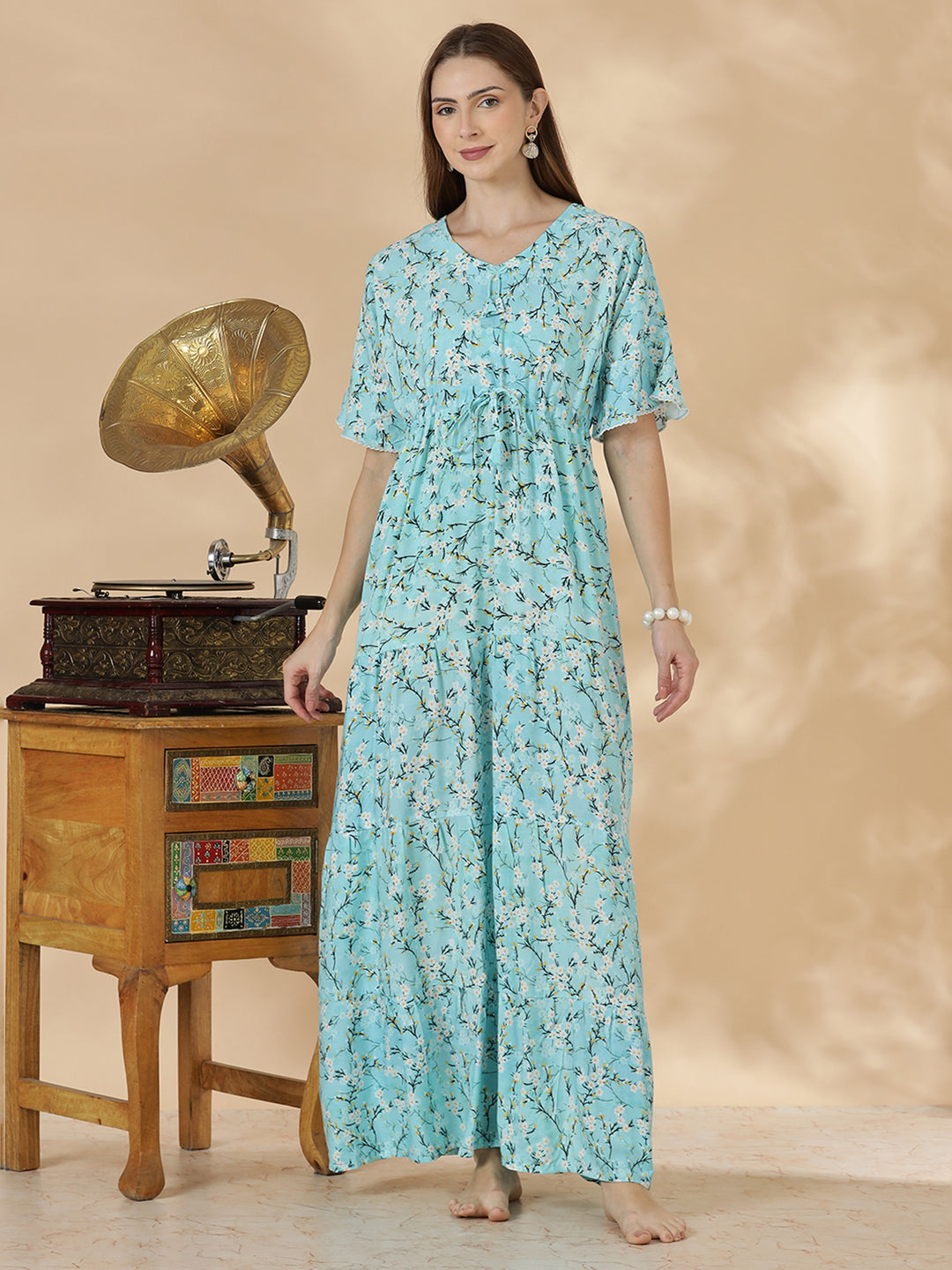Stylish aqua blue floral rayon lightweight nighty for women