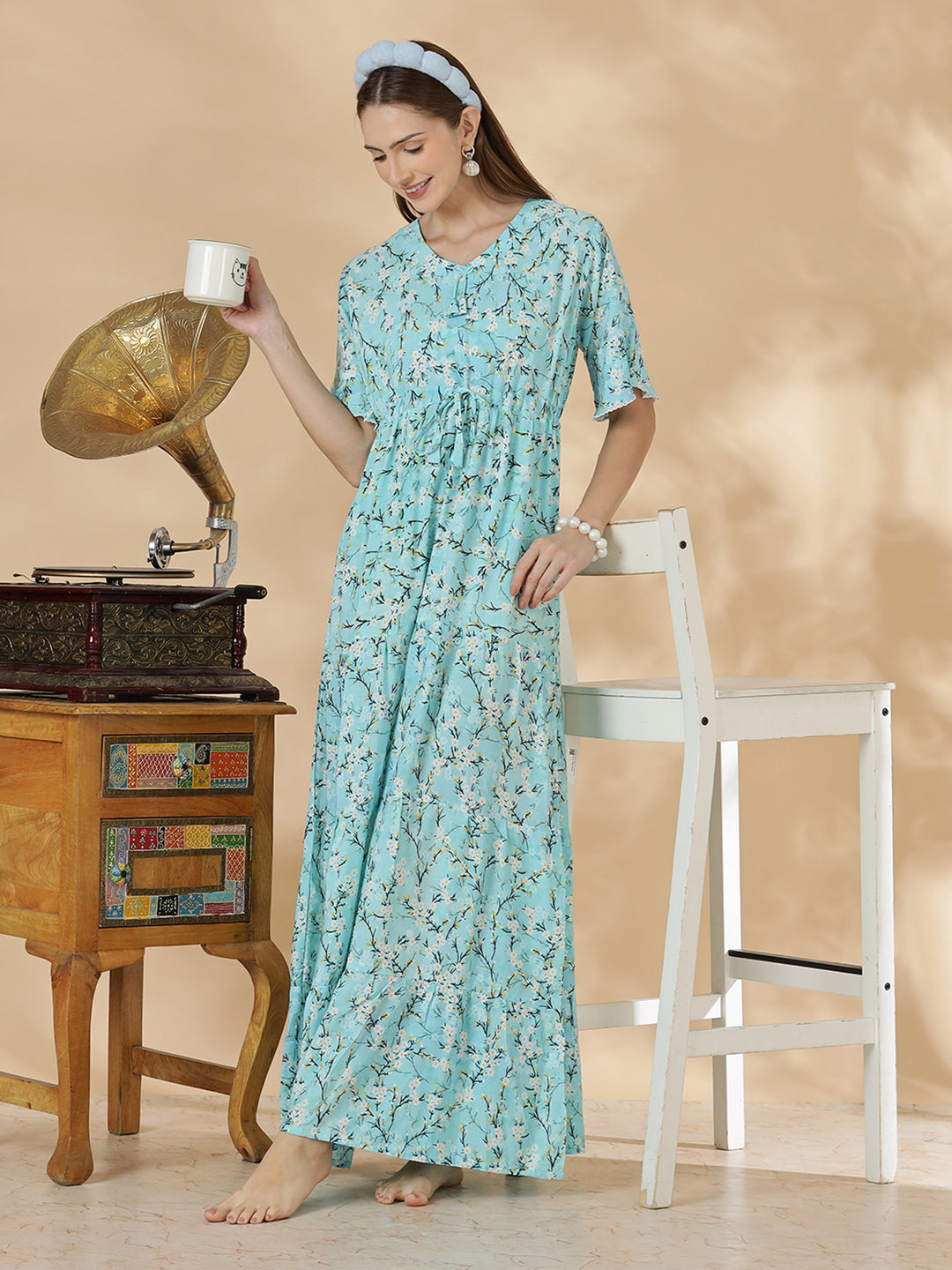 Stylish aqua blue floral rayon lightweight nighty for women