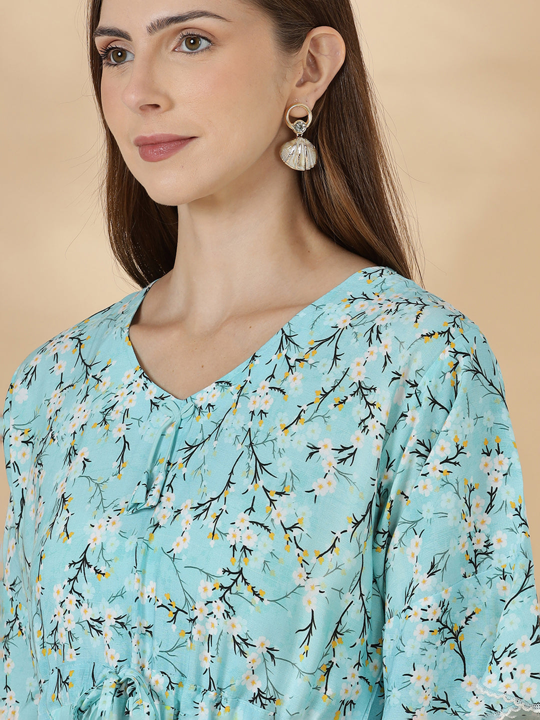 Stylish aqua blue floral rayon lightweight nighty for women