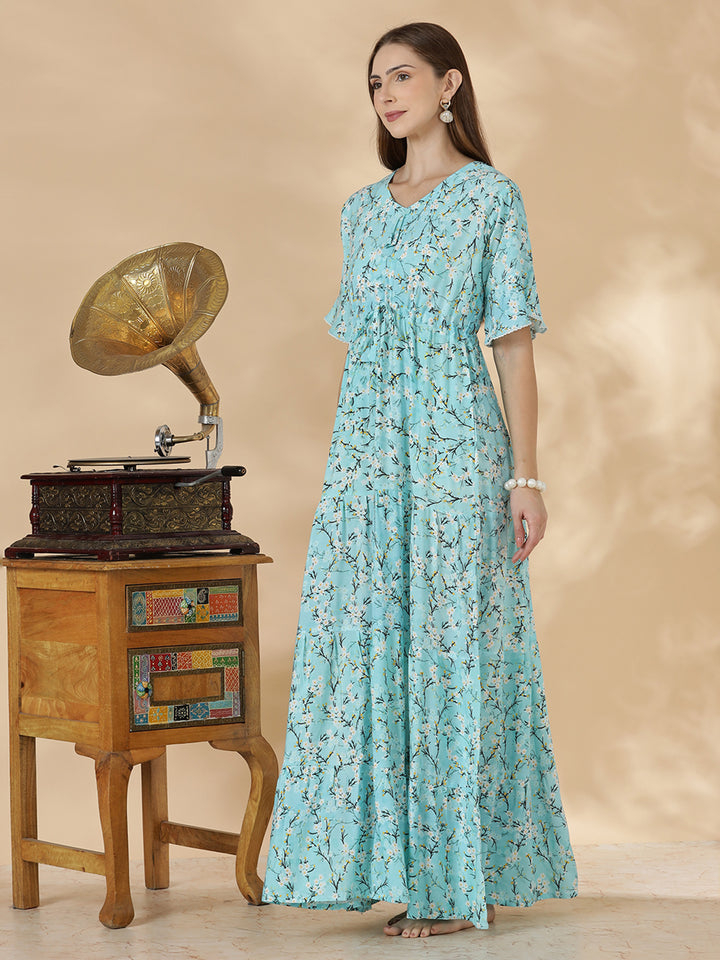 Stylish aqua blue floral rayon lightweight nighty for women