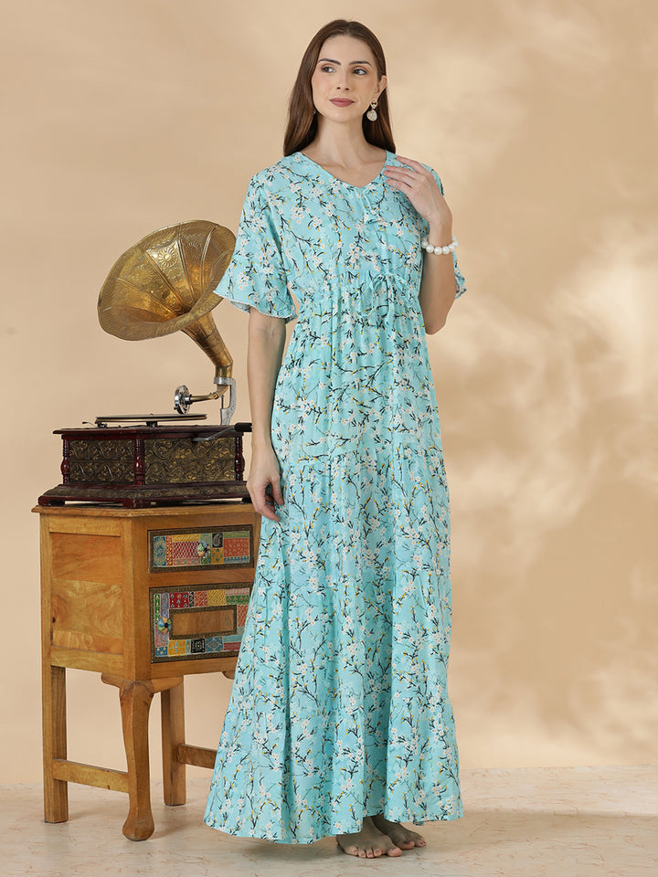 Stylish aqua blue floral rayon lightweight nighty for women