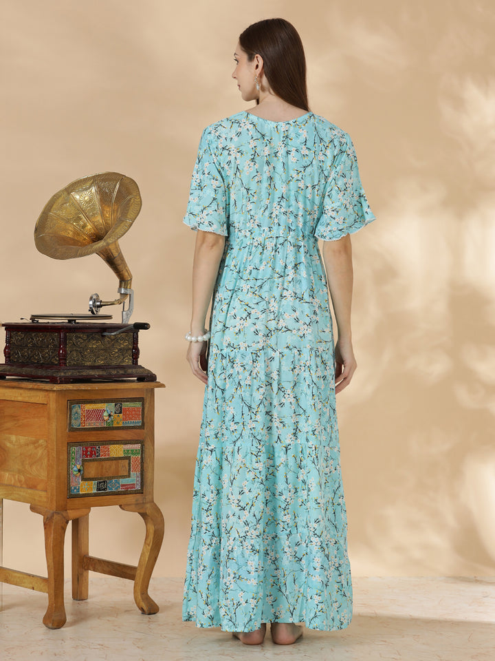 Stylish aqua blue floral rayon lightweight nighty for women