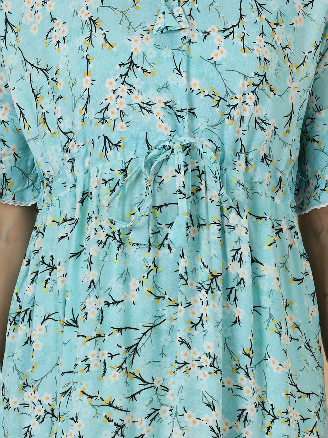 Stylish aqua blue floral rayon lightweight nighty for women