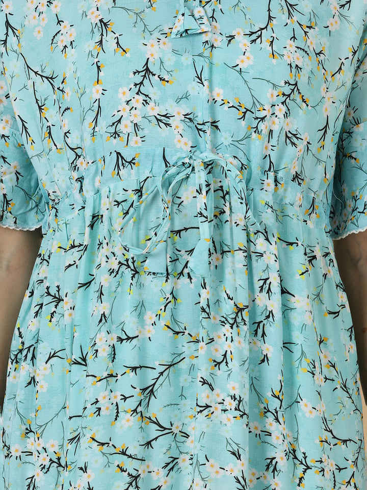 Stylish aqua blue floral rayon lightweight nighty for women