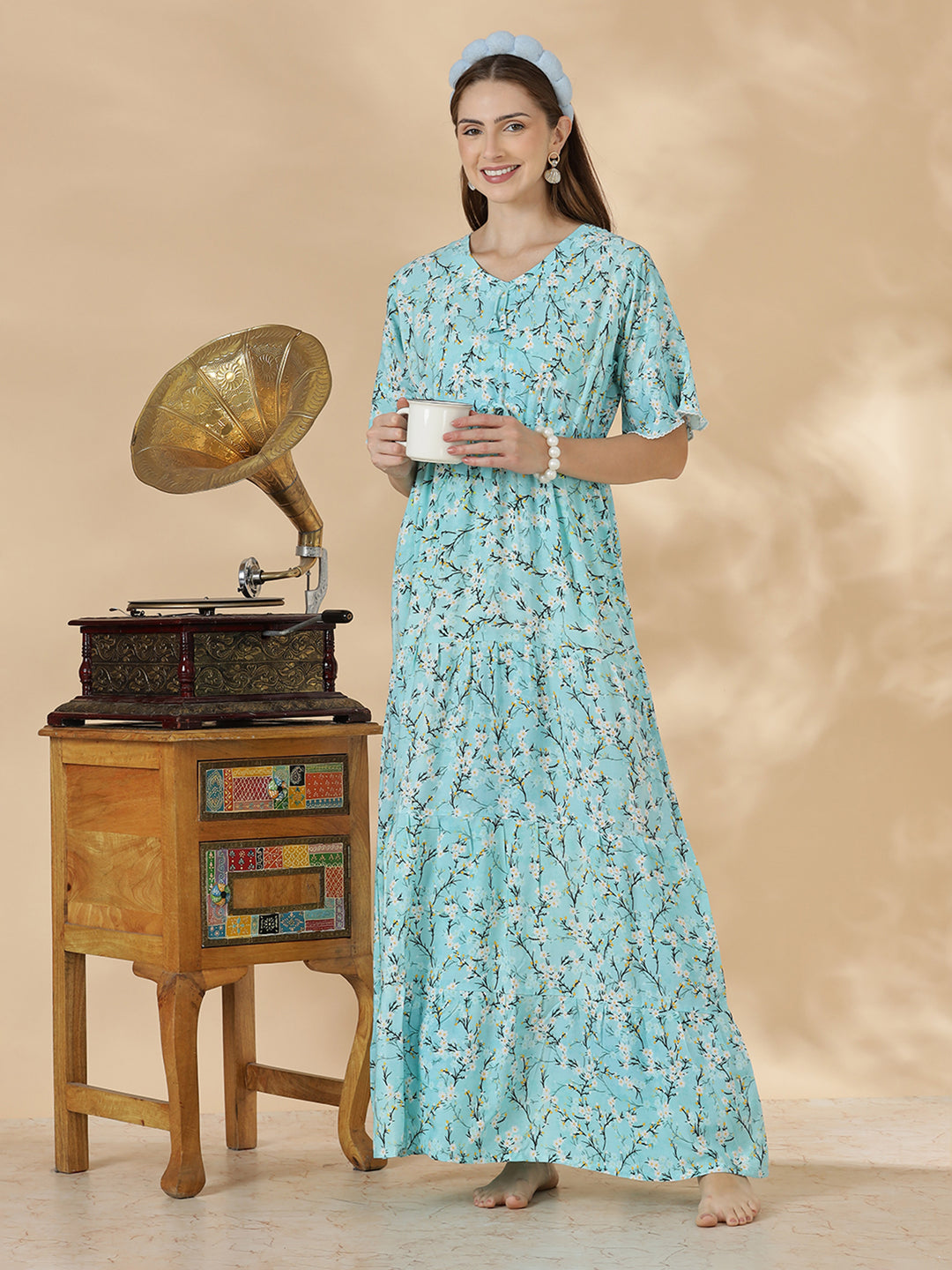 Stylish aqua blue floral rayon lightweight nighty for women