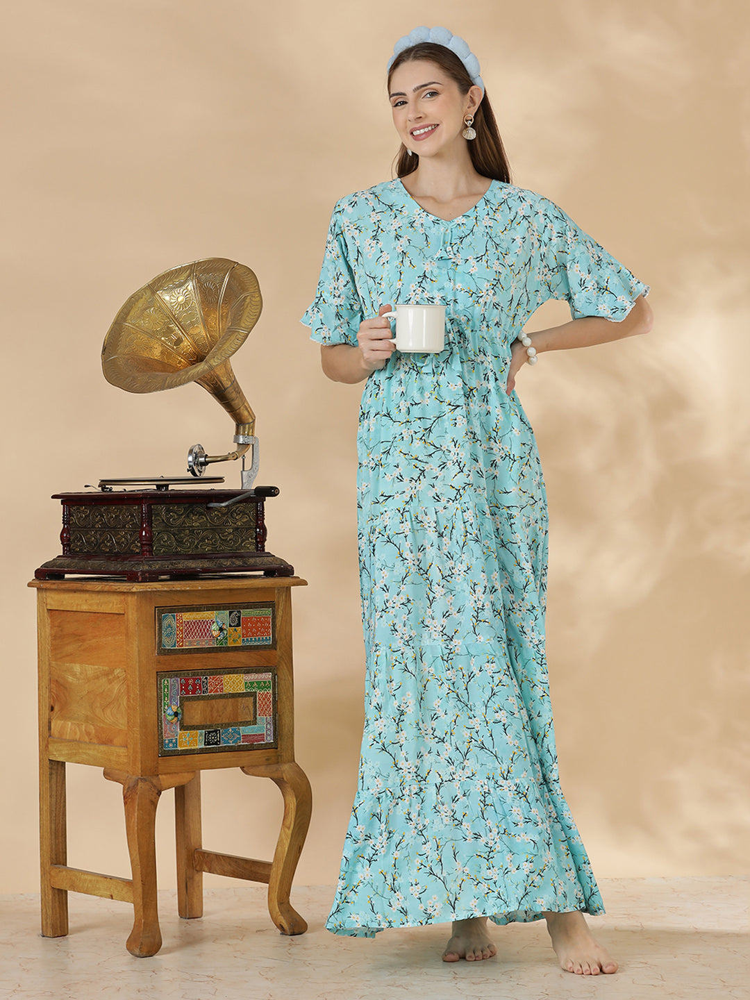 Stylish aqua blue floral rayon lightweight nighty for women