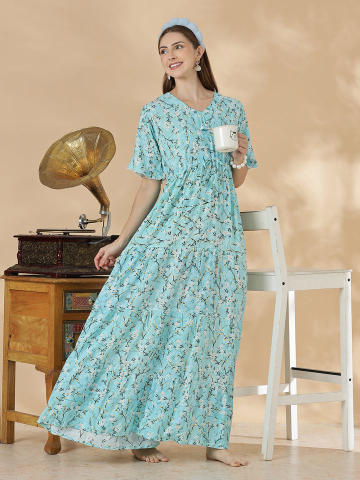 Stylish aqua blue floral rayon lightweight nighty for women
