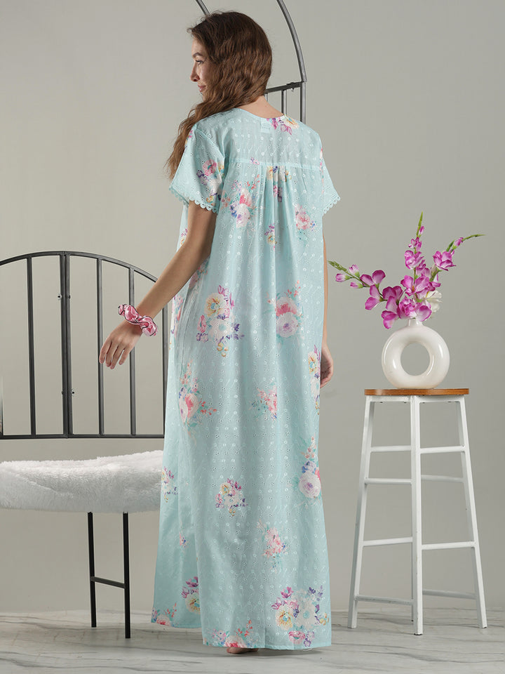 Aqua floral cotton nightdress for women with chikankari lace yoke.