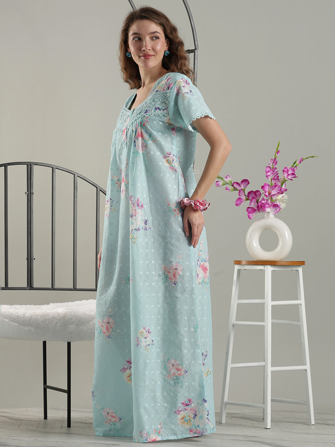 Aqua floral cotton nightdress for women with chikankari lace yoke.