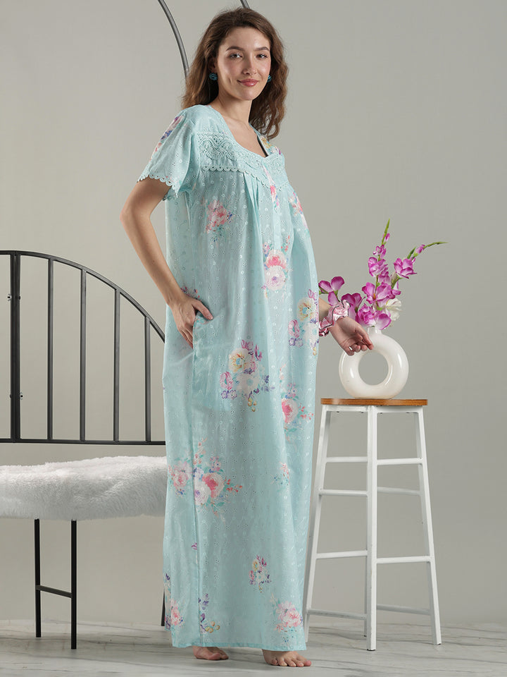 Aqua floral cotton nightdress for women with chikankari lace yoke.