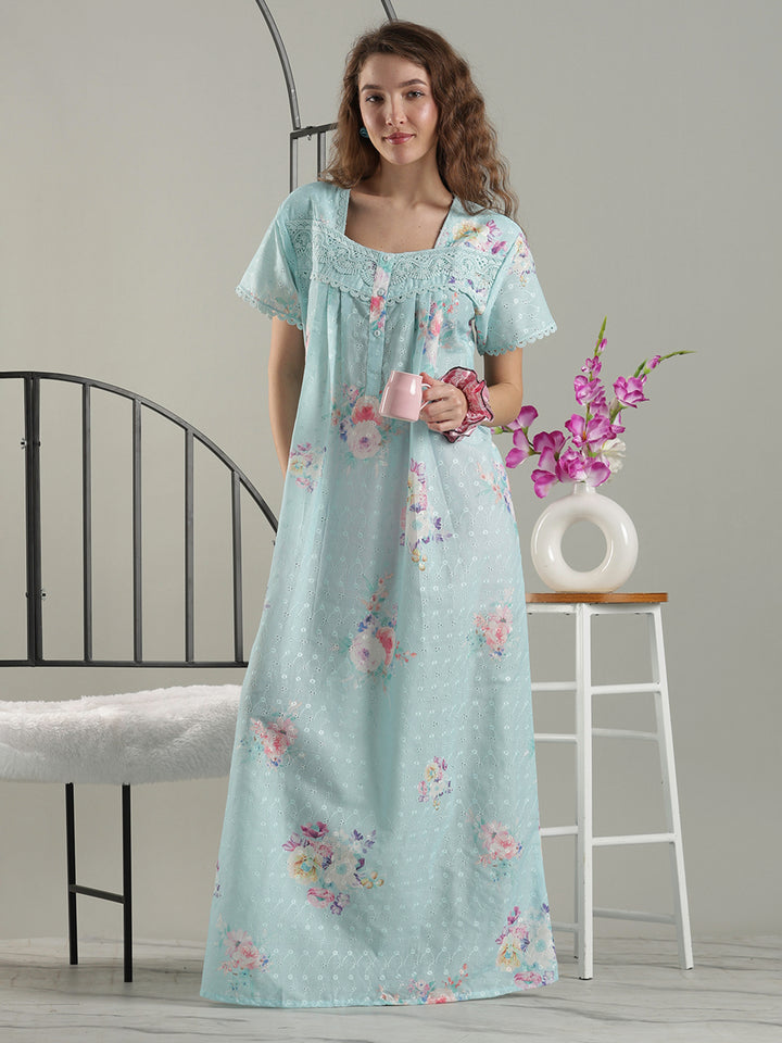 Aqua floral cotton nightdress for women with chikankari lace yoke.