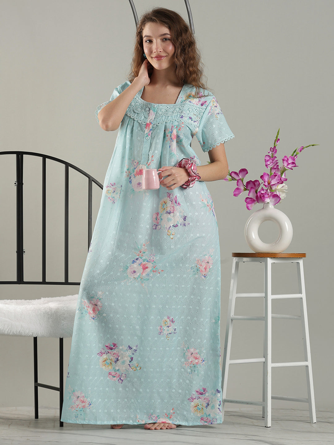 Aqua floral cotton nightdress for women with chikankari lace yoke.