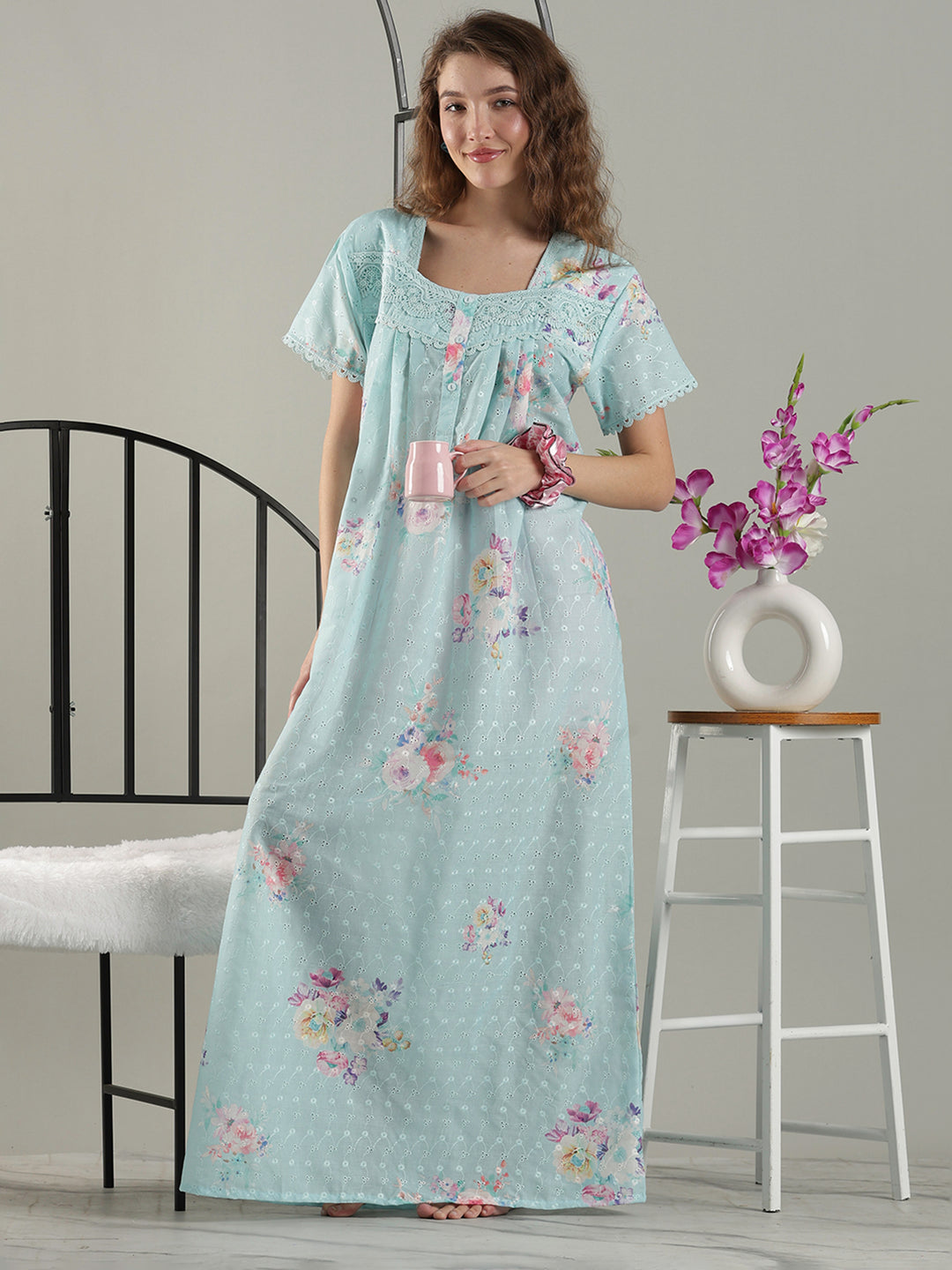 Aqua floral cotton nightdress for women with chikankari lace yoke.