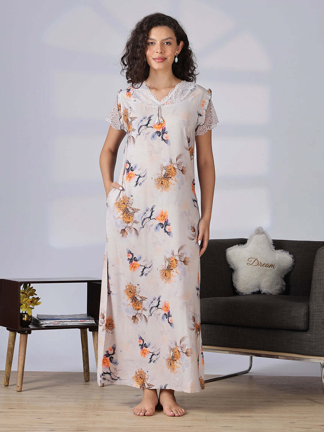 Rayon floral premium quality ash grey nighty for women