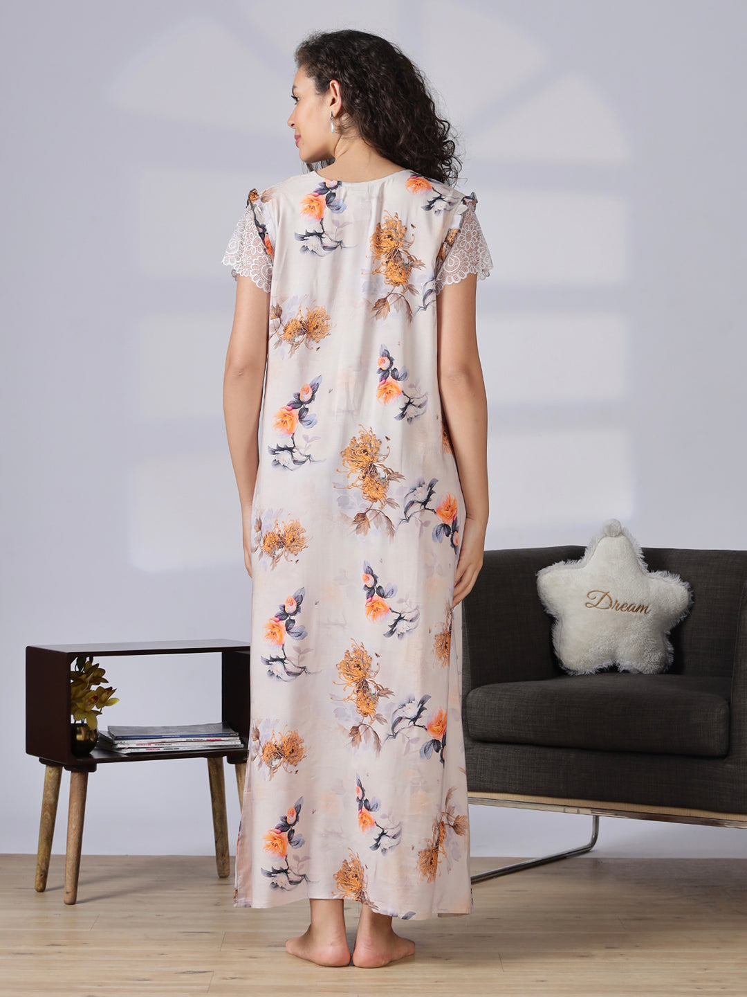 Rayon floral premium quality ash grey nighty for women