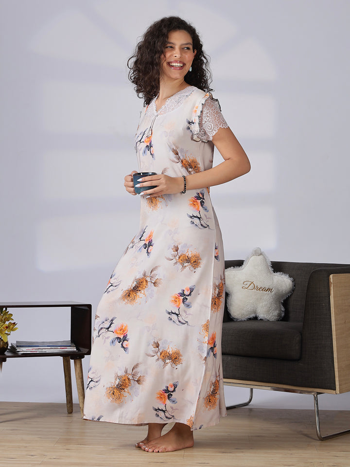 Rayon floral premium quality ash grey nighty for women