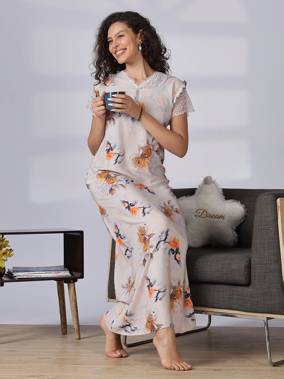 Rayon floral premium quality ash grey nighty for women