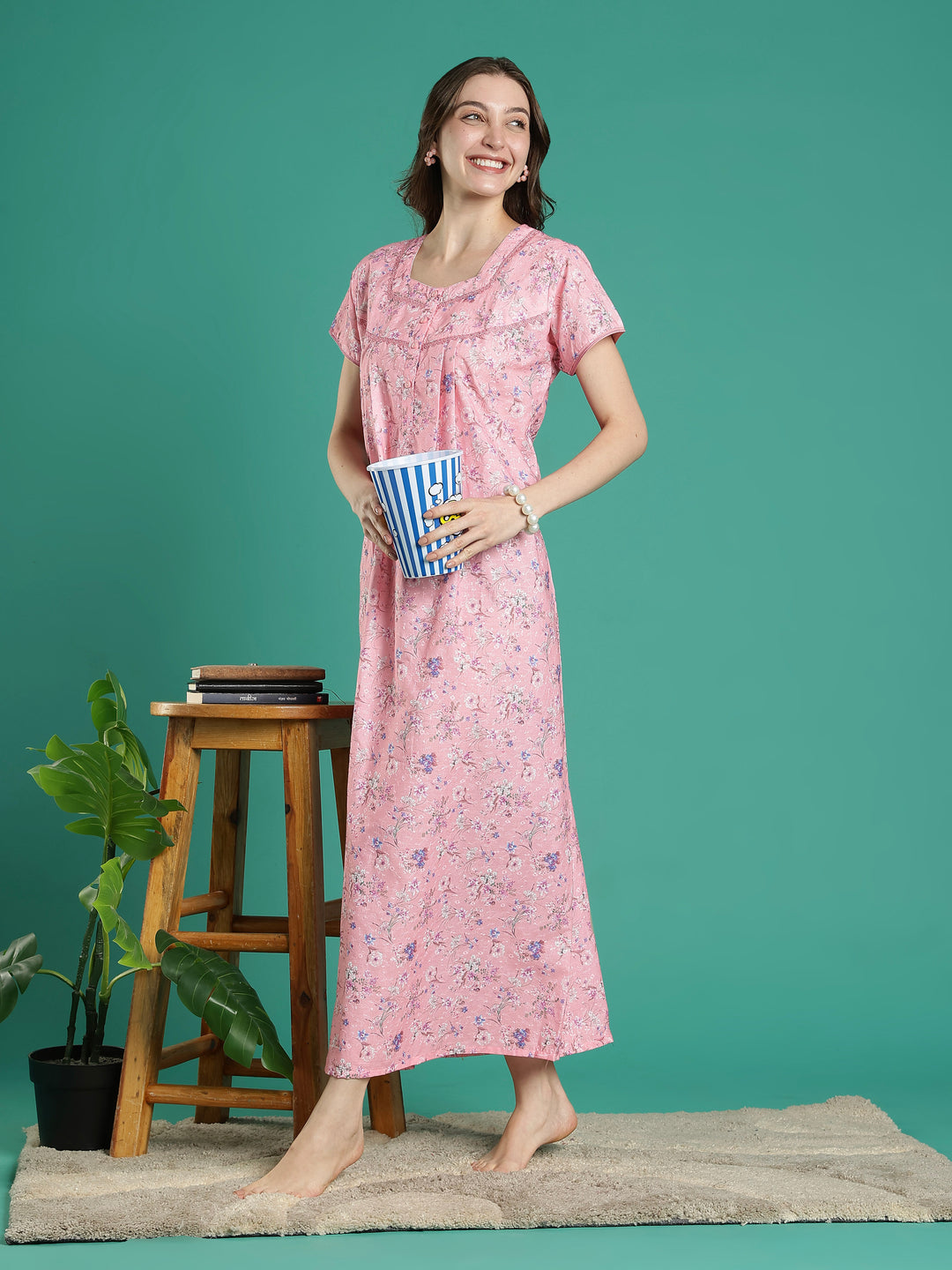 Baby pink premimum quality cotton blend nighty for women