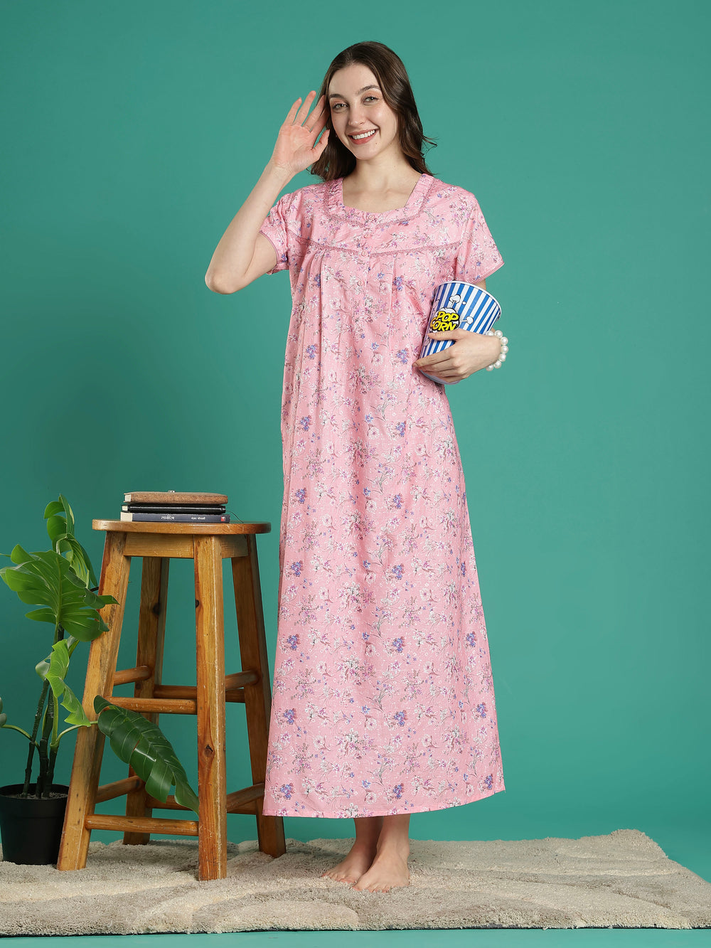 Baby pink premimum quality cotton blend nighty for women