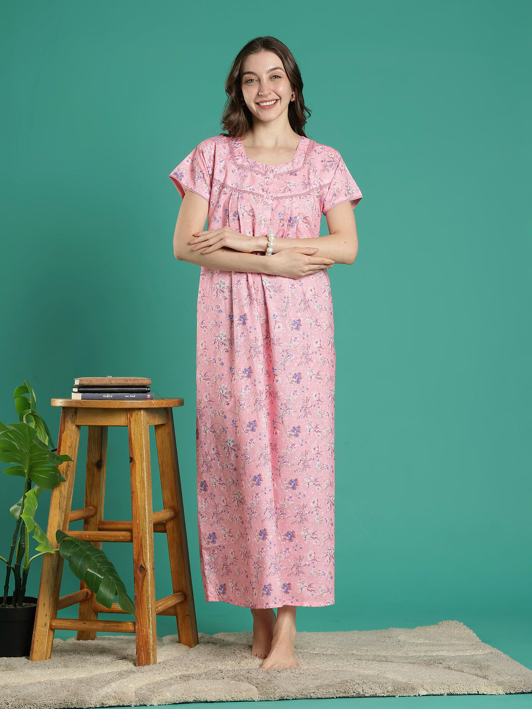 Baby pink premimum quality cotton blend nighty for women