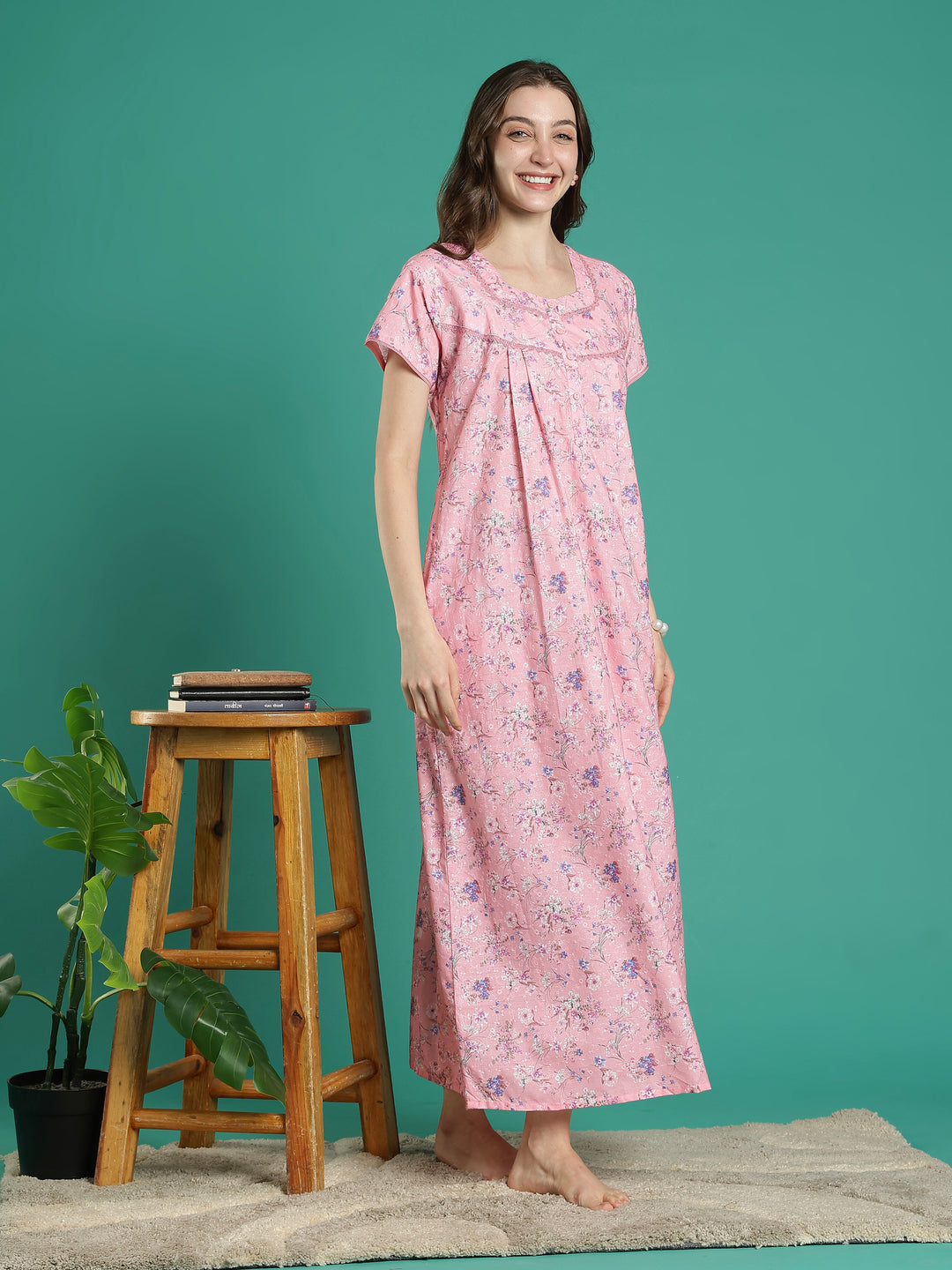 Baby pink premimum quality cotton blend nighty for women