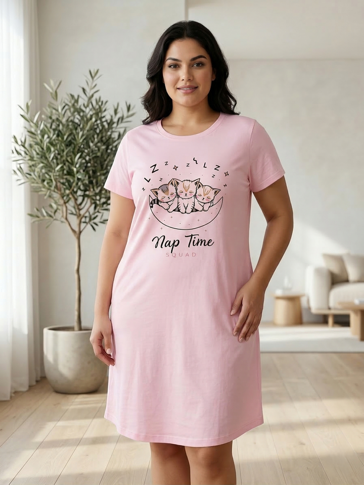Soft cotton baby pink cute print short nighty for women