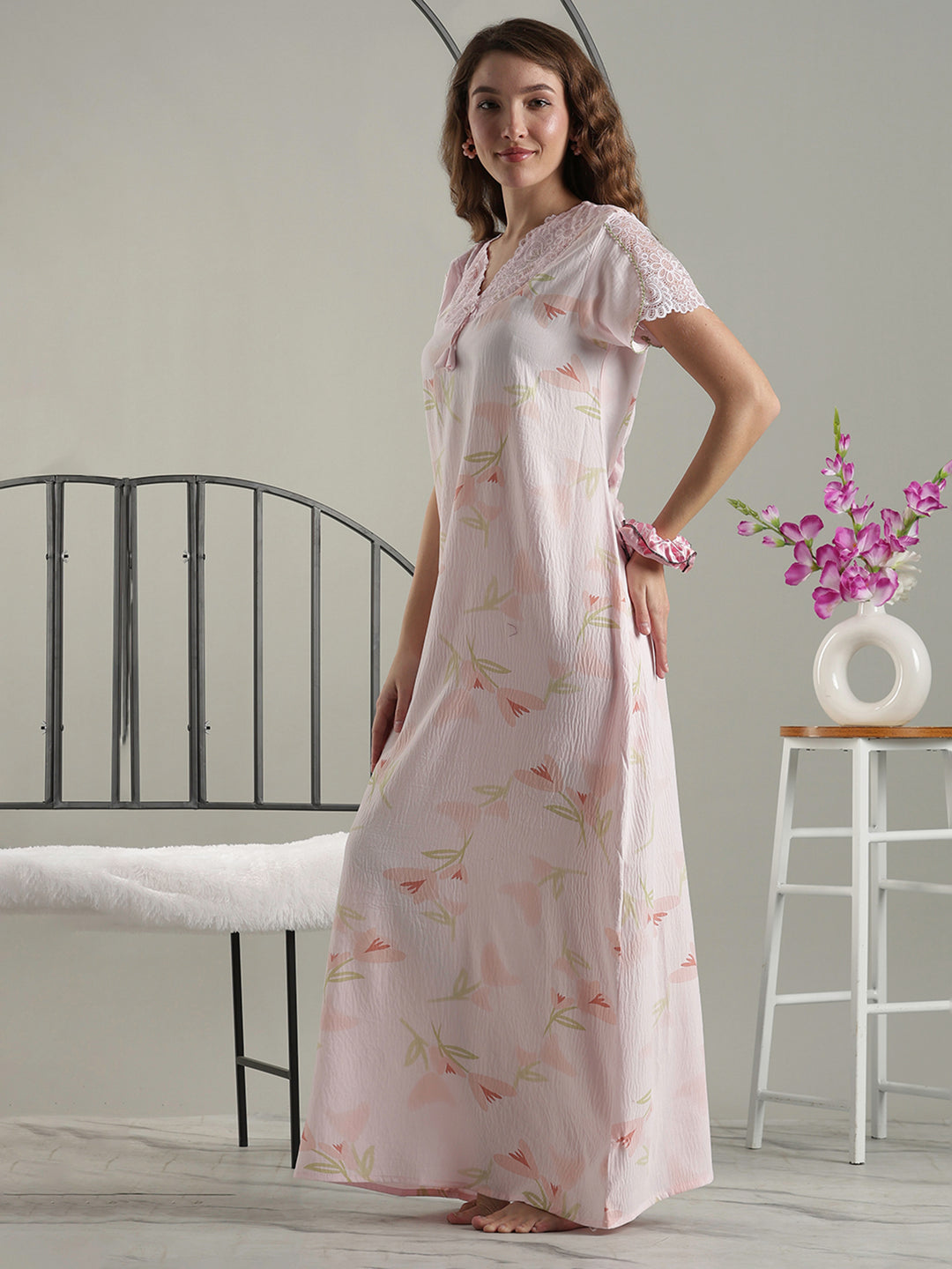 Soft Floral Pink Premium Bamboo Cotton Cozy Nighty Dress