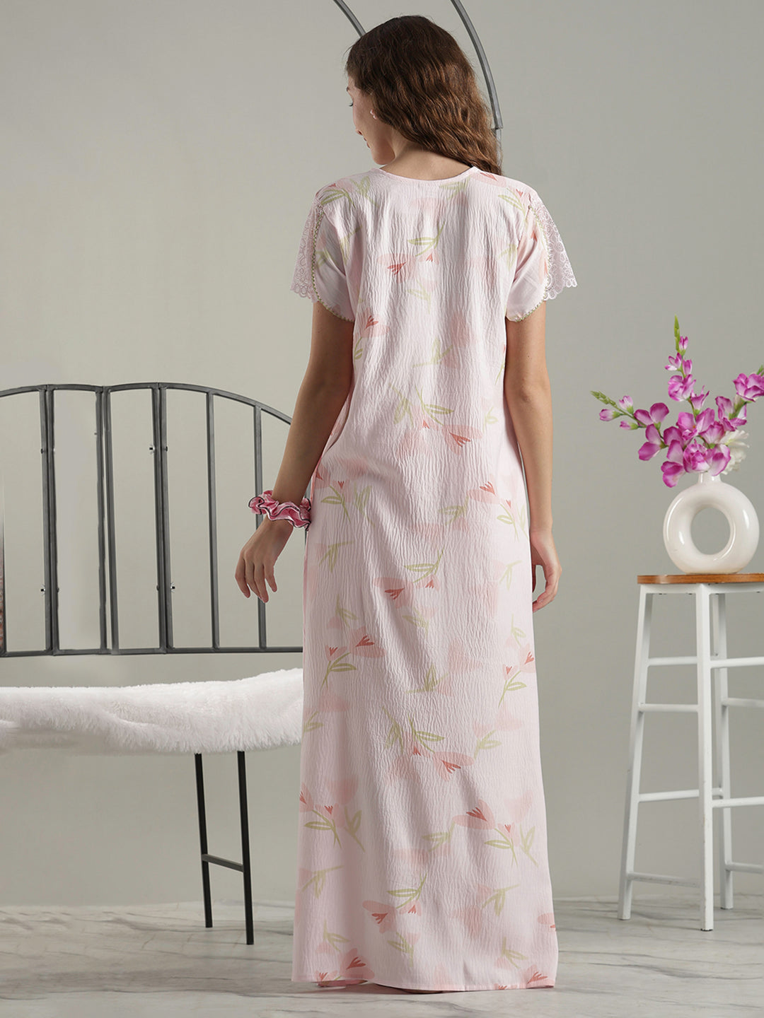 Soft Floral Pink Premium Bamboo Cotton Cozy Nighty Dress