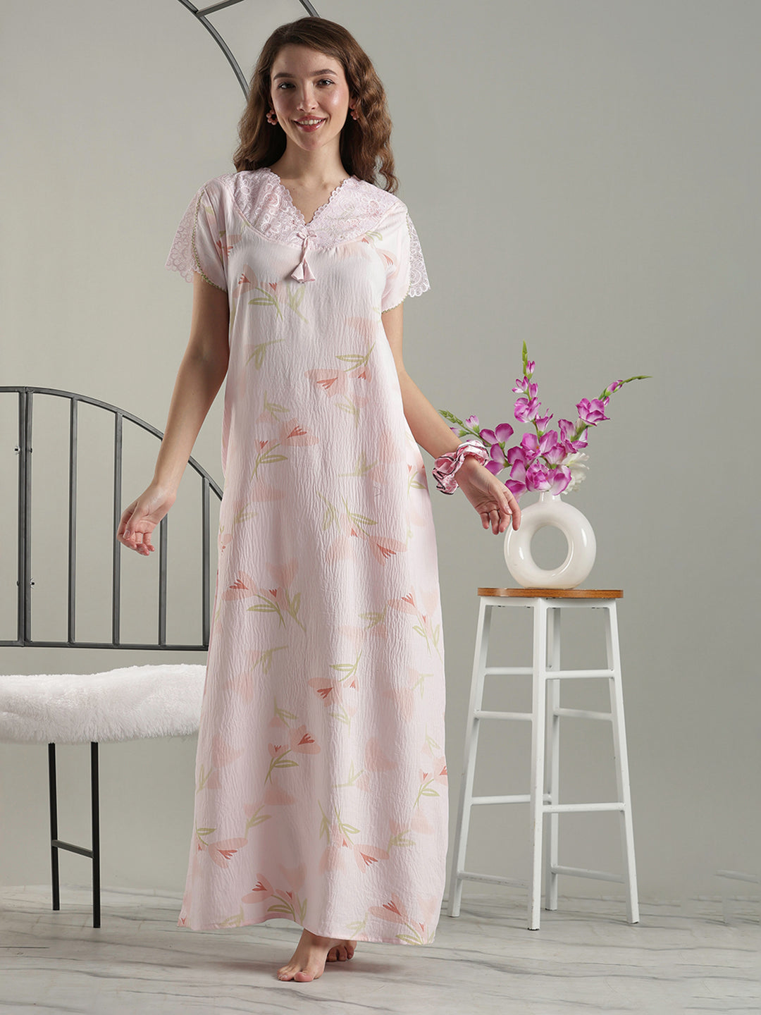 Soft Floral Pink Premium Bamboo Cotton Cozy Nighty Dress